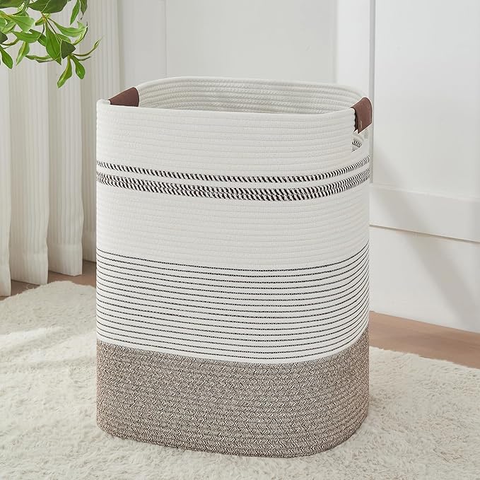 Laundry Hamper - Tall Woven Rope Laundry Basket - Clothes hamper with Leather Handles, 17" X 13.8" X 22", Blanket Storage Basket for Living Room, Rice Brown & White