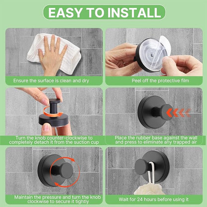 Black Waterproof Suction Cup Hooks, 2-Pack Heavy Duty Stainless Steel No Drill Shower Hooks for Hanging Towels, Robes, Loofahs, Holder Holds Strong on Tile, Glass, Mirror, Wall, Bathroom Door