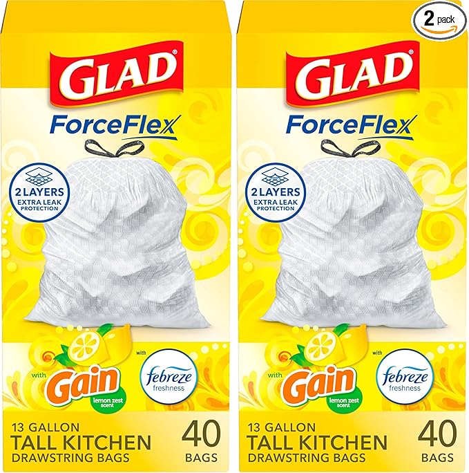 Glad Trash Bags, 13 Gallon, 40 Ct, Pack of 2 | ForceFlex | Tall Kitchen | Drawstring | Gain Lemon Zest