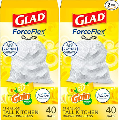 Glad Trash Bags, 13 Gallon, 40 Ct, Pack of 2 | ForceFlex | Tall Kitchen | Drawstring | Gain Lemon Zest