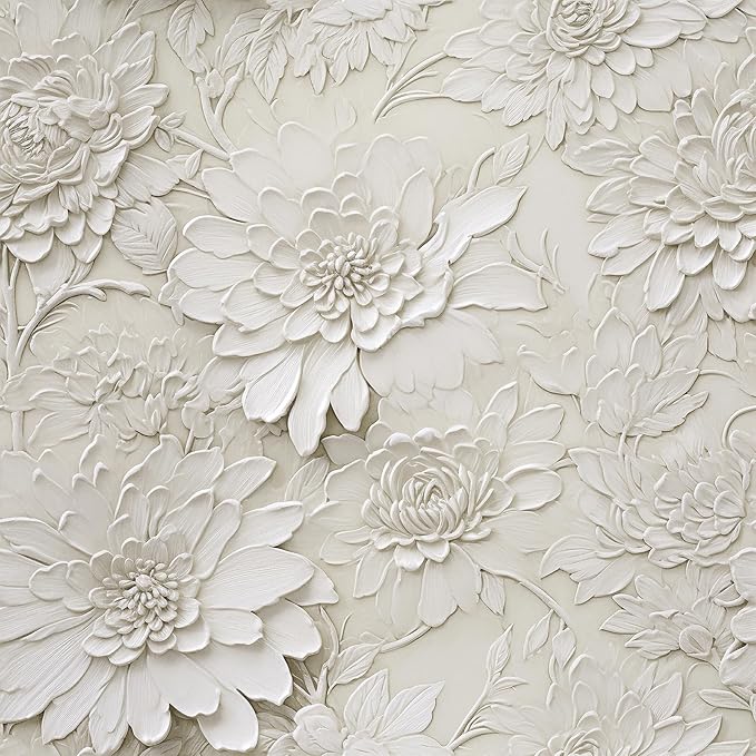 Beige Faux 3D Floral Peel and Stick Wallpaper Large Roll 17.5"x314" Removable Vintage Embossed Flower Contact Paper Waterproof Self Adhesive Wall Decor for Bedroom Living Room Cabinet Liner