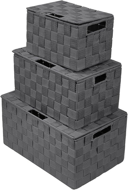 Sorbus Set of 3 Hand-Woven Storage Baskets with Lids – Mesh Organizers for Linen Closet, Shelves, or Home Storage – Variety Pack (Gray)