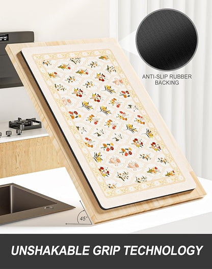 Rnivvi Dish Drying Mat for Kitchen Counter, 12 x 19" Cute Flower Theme Super Absorbent Draining Pad, Non-Slip Heat Resistant Coffee Bar Mat for Coffee Machine Station Accessories, Beige Dish Rack Pad