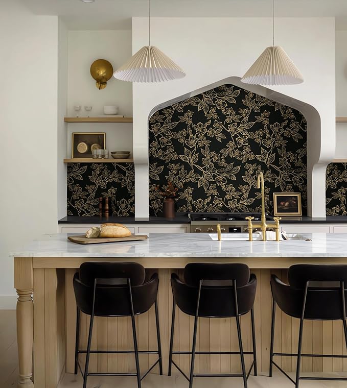 Ismoon Peel and Stick Wallpaper Black and Gold Stick on Wallpaper Dark Floral 17.3x78.7in Black Modern Wall Paper Removable Self Adhesive Contact Paper for Bedroom Cabinets Shelf Liner Vinyl