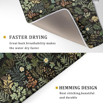 Black Green Botanical Dish Drying Mat for Kitchen Counter 18x24 Inch Super Absorbent Microfiber Kitchen Drying Mat Green Plant Fern Leaves Floral Dish Reusable Washable Dish Drying Pad for Coffee Bar