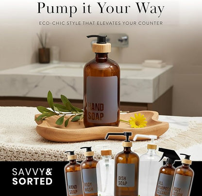SAVVY & SORTED Amber Glass Hand Soap Dispenser for Bathroom, Kitchen Hand Soap Bottle with Label, Refillable Glass Bottle for Liquid Wash, Matching Dish Soap Dispenser Available, 17 Fl Oz / 500 ml