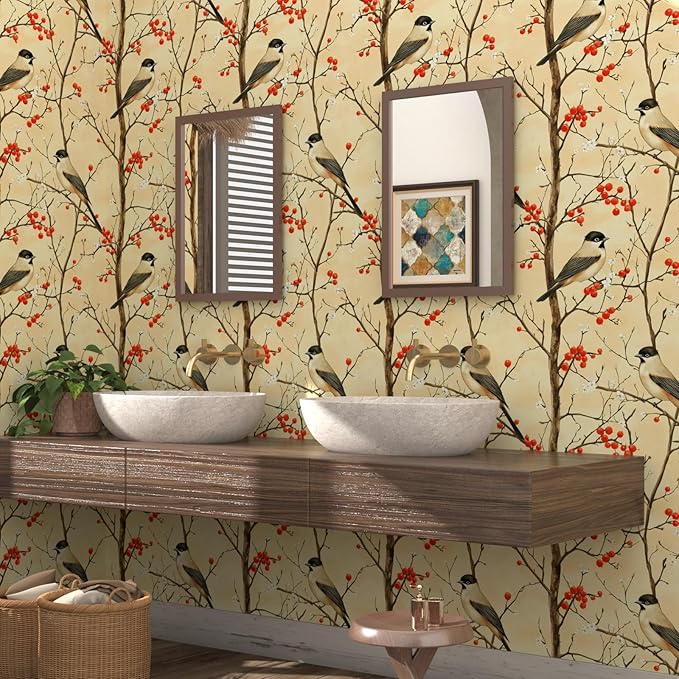 Vintage Bird Wallpaper Peel and Stick, Yellow/Red Botanical Fruits Contact Paper, Retro Floral Wall Paper Self Adhesive Removable Waterproof for Bedroom Walls Shelves Cabinet Drawer Table 17.5" x 118"
