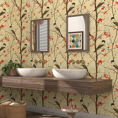 Vintage Bird Wallpaper Peel and Stick, Yellow/Red Botanical Fruits Contact Paper, Retro Floral Wall Paper Self Adhesive Removable Waterproof for Bedroom Walls Shelves Cabinet Drawer Table 17.5" x 118"