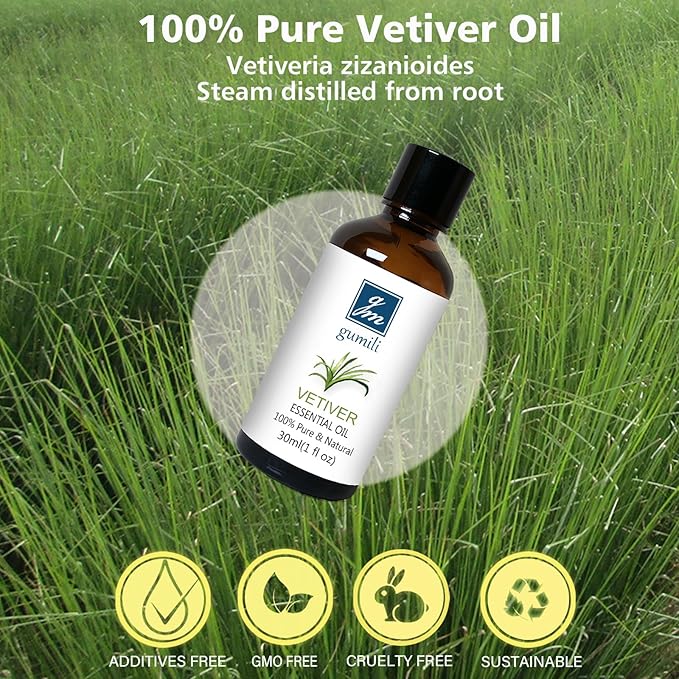 GM Gumili Vetiver Essential Oil 1 Oz - 100% Pure & Natural Vetiver Oil for Diffuser, Aromatherapy, Skin, Hair, Massage, Relaxing Scent