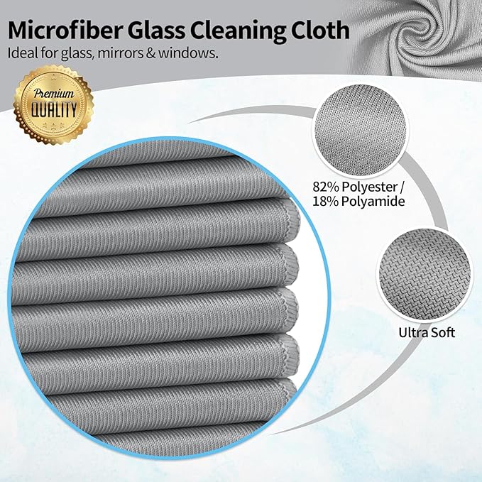 HOMERHYME Microfiber Cleaning Cloth - 6 Pack Glasses Cleaning Cloth, 16" x 14" Window Cleaning Rags, Streak Free Lint Free Polishing Cloths Wipes for Eye Glass, Stainless Steel, Windshield, Grey