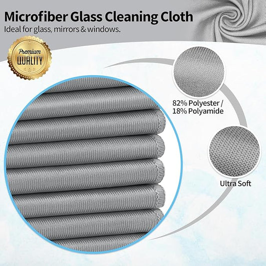 HOMERHYME Microfiber Cleaning Cloth - 6 Pack Glasses Cleaning Cloth, 16" x 14" Window Cleaning Rags, Streak Free Lint Free Polishing Cloths Wipes for Eye Glass, Stainless Steel, Windshield, Grey
