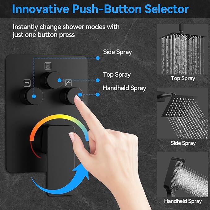 Shower Faucet Set,Matte Black Push Button Shower System with Rain Shower and Handheld,Black Shower Faucet with Valve Ceiling Mount 12 Inch Shower Head and 6 Inch Shower Head with Handheld