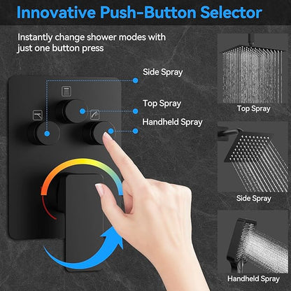 Shower Faucet Set,Matte Black Push Button Shower System with Rain Shower and Handheld,Black Shower Faucet with Valve Ceiling Mount 12 Inch Shower Head and 6 Inch Shower Head with Handheld