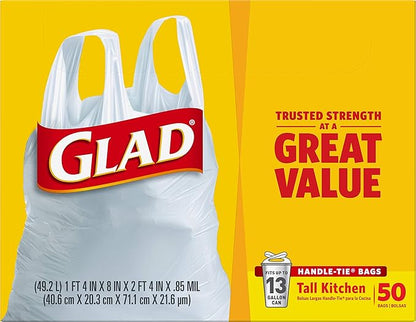 Glad Tall Kitchen Trash Bags 13 Gallon, Unscented Garbage Bags, Handle-Tie, 50 Count