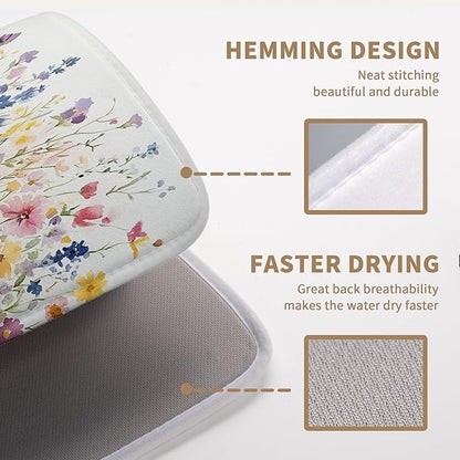 Spring Floral Dish Drying Mat for Kitchen Counter Summer Colorful Flower Kitchen Dishes Dryer Pad Absorbent Matt Microfiber Washable Foldable Reusable Large 18x24 in