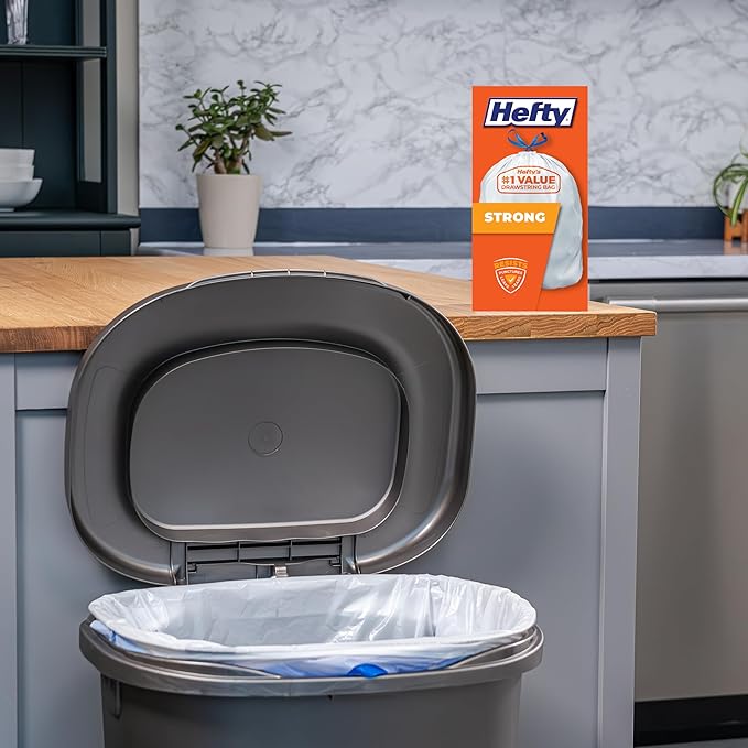 Hefty Strong White 13 Gallon Trash Bags with Drawstrings, Unscented Tall Kitchen Trash Bags, Resists Leaks, Punctures, and Tears, Durable Closure, 120 Ct. (Pack of 3)