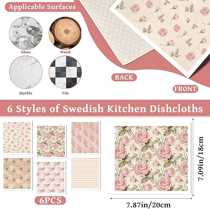 Reusable Swedish Dishcloths for Kitchen, 6 Pcs Vintage Floral Swedish Dish Cloths, Absorbent Pink Flower Sponge Cleaning Towels Wipes for Kitchen Cooking Home Decoration Housewarming Gifts