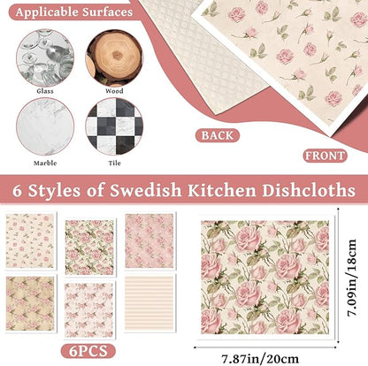 Reusable Swedish Dishcloths for Kitchen, 6 Pcs Vintage Floral Swedish Dish Cloths, Absorbent Pink Flower Sponge Cleaning Towels Wipes for Kitchen Cooking Home Decoration Housewarming Gifts