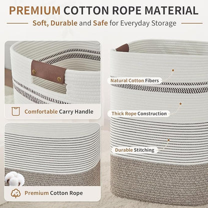 Laundry Hamper - Tall Woven Rope Laundry Basket - Clothes hamper with Leather Handles, 17" X 13.8" X 22", Blanket Storage Basket for Living Room, Rice Brown & White
