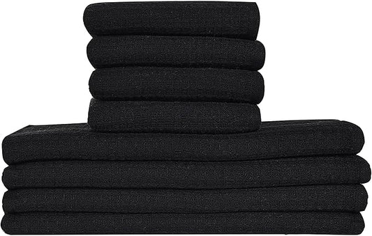 Kitchen Dish Wash Cloths Waffle Terry Design DishCloths12x12 in Pk of 4 & Dish Towels 13x28 in Pk of 4|Cotton Dish Rags for Drying Dishes|Counter Top |Spring Easter Basket Decor|Black
