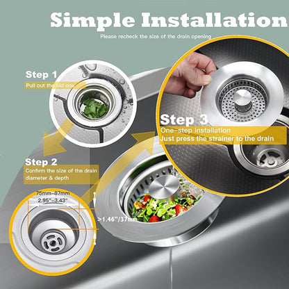 Sink Drain Strainer 3 in 1, 304 Stainless Steel Pop Up Sink Stopper, Anti-Clogging Sink Strainer, Kitchen Sink Strainer, Drain Cover and Kitchen Accessories for US Standard Sink(Silver)