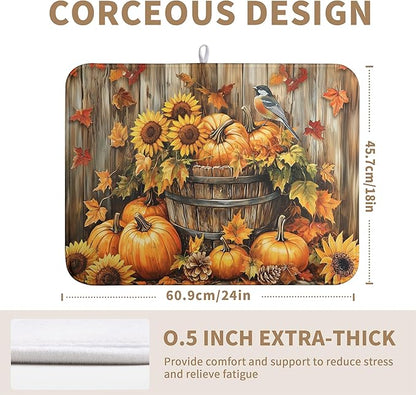 Fall Pumpkin Dish Drying Mat Autumn Maple Leaves Thanksgiving Large Kitchen Mats Dish Drying Pad Absorbent Dish Dryer Mat for Kitchen Countertops Microfiber Drainer Pad Dish Drying Mats (18x24 in)