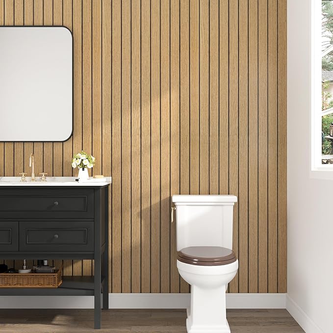 Wallercity Brown Wood Slat Wall Panels Peel and Stick 3D Slat Panel for Wall Decor Faux Self-Adhesive Soundproof Wooden Wallpaper for Livning Room Bedroom Waterproof Plank for Bathroom 11.7''x118''
