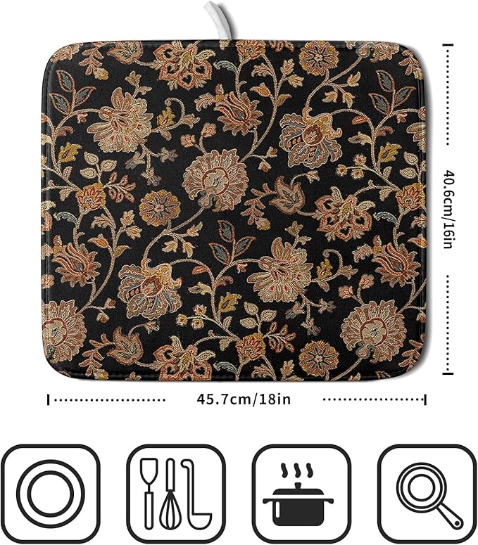 Vintage Tapestry Floral Dish Drying Pad 16 x 18 Inch With Absorbent Reversible Microfiber Black Brown Boho Carpet Flowers Drying Mats Dish Drainer Mat Fast Dry For Kitchen Dining Room Decoration