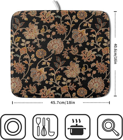 Vintage Tapestry Floral Dish Drying Pad 16 x 18 Inch With Absorbent Reversible Microfiber Black Brown Boho Carpet Flowers Drying Mats Dish Drainer Mat Fast Dry For Kitchen Dining Room Decoration
