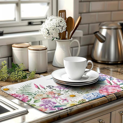 Spring Floral Birds Dish Drying Mat Summer Butterfly Flowers Kitchen Dish Drying Pad Daisy Absorbent Dish Dryer Mat for Kitchen Countertops Microfiber Dishes Drainer Pad (18x24 in)