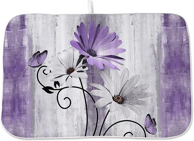 Floral Dish Drying Mat 18x24 Inches For Kitchen Counter Purple Daisy Flower Kitchen Decoration Drying Mat Modern Decorative Drying Pad For Home Kitchen Decor,Dining Room,Office Decor