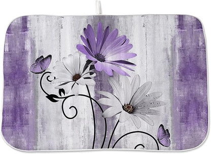 Floral Dish Drying Mat 18x24 Inches For Kitchen Counter Purple Daisy Flower Kitchen Decoration Drying Mat Modern Decorative Drying Pad For Home Kitchen Decor,Dining Room,Office Decor