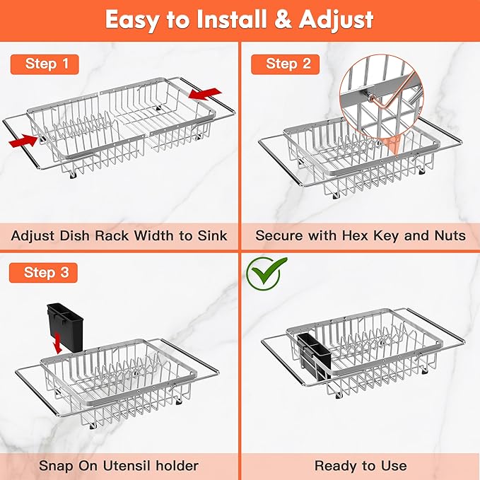 Expandable Over The Sink Dish Drainer Drying Rack In Stainless Steel Metal For Small Kitchen, Counter Space Saving Compact Above Plate Dryer Strainer, Adjustable Hanging Inside Sink Wire Drain Holder