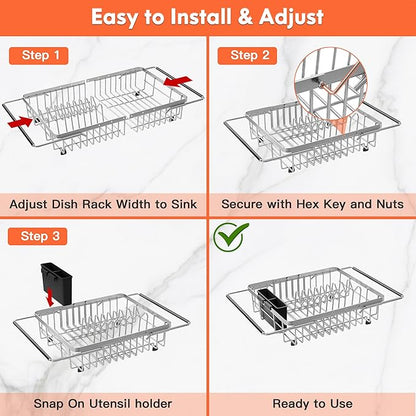 Expandable Over The Sink Dish Drainer Drying Rack In Stainless Steel Metal For Small Kitchen, Counter Space Saving Compact Above Plate Dryer Strainer, Adjustable Hanging Inside Sink Wire Drain Holder