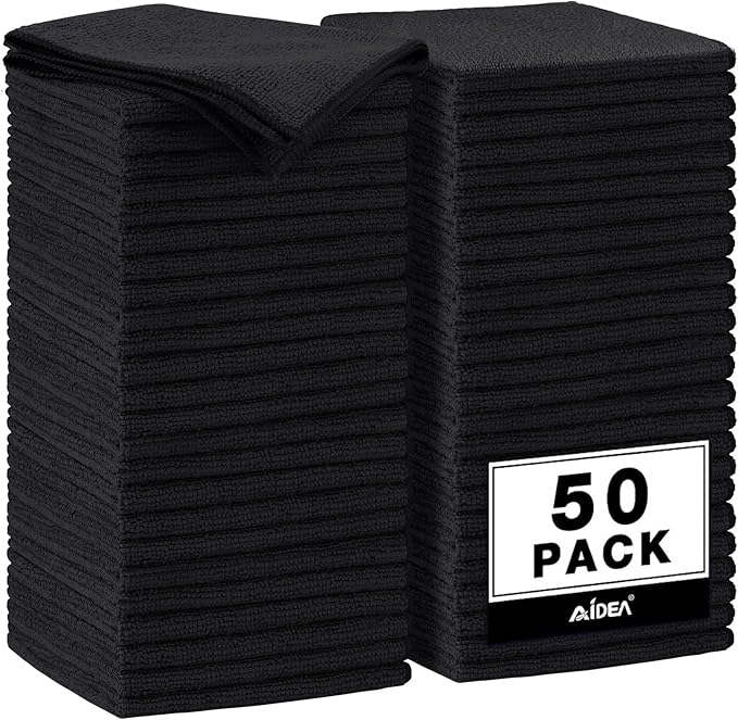 AIDEA Microfiber Cleaning Cloth Black 50PK, Microfiber Towels for Cars, Premium Car Cloths, Dusting Cloth Lint Free Cleaning Rags for SUVs, House, Kitchen, Window, Workshops,11.5×11.5"