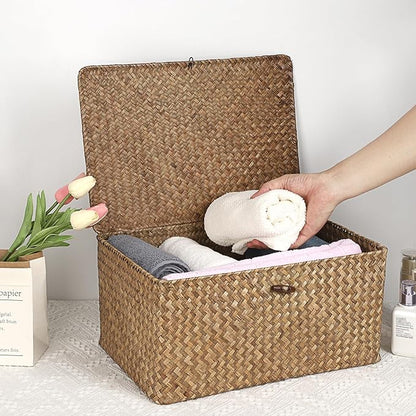 Hipiwe Wicker Shelf Baskets Bin with Lid, Handwoven Seagrass Basket Storage Bins Rectangular Household Basket Boxes for Shelf Wardrobe Home Organizer, Coffee X-Large