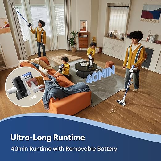 Ultenic U10 Ultra Cordless Stick Vacuum Cleaner, 450W Motor, 30KPa Suction, Max 40mins Runtime, Anti-Tangle Brush, 1L Dustbin Capacity, Stick Vacuum for Home, Pet Hair, Hardwood Floors, and Carpets