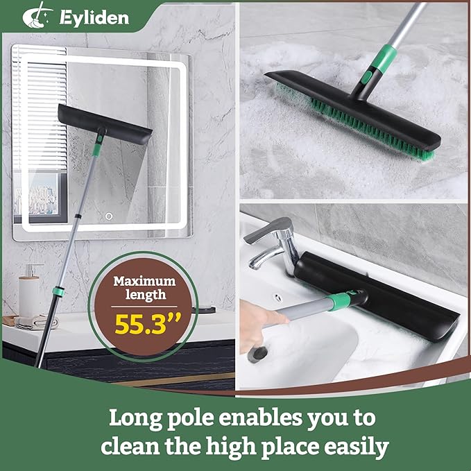 Eyliden Floor Scrub Brush for Stubborn Grime & Deep Cleaning | 15" Wide Head with Rubber Squeegee, Adjustable Long Handle, 2in1 Stiff Bristle Floor Scrubber for Kitchen, Shower, Deck, Patio, Garage