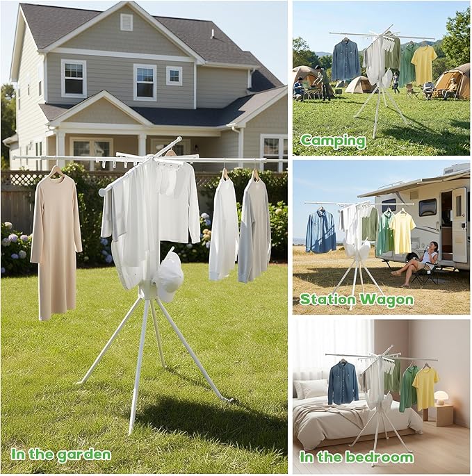 cjc Foldable Clothes Drying Rack, Space Saving Laundry Drying Rack,Collapsible Drying Rack Used for Indoor,Outdoor, 4 Retractable Drying Rods + 4 Shoe Racks + 4 Sock Clips with 16 Clips White