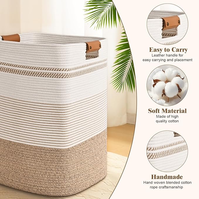 Laundry Hamper, 95L Tall Laundry Basket with Leather Handles, Rectangle Large Clothes Hamper for Organizing, Cotton Woven Laundry Baskets Storage Hampers for Bedroom, Nursery, Living Room