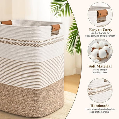 Laundry Hamper, 85L Tall Laundry Basket with Leather Handles, Rectangle Large Clothes Hamper for Organizing, Cotton Woven Laundry Baskets Storage Hampers for Bedroom, Nursery, Living Room
