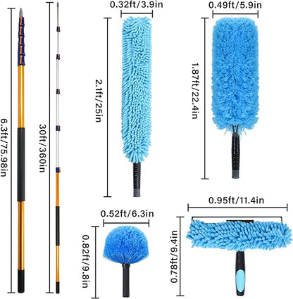 30 FT High Reach Cleaning Kit with 7-30 Foot Telescoping Extension Pole, Flexible Ceiling Fan Duster, Microfiber Feather Duster, Cobweb Duster & Window Squeegee & Washer