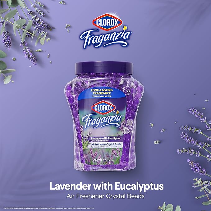 Clorox Fraganzia Crystal Beads Air Freshener, Long Lasting Room Deodorizer and Odor Eliminator Gel Beads to Freshen Home, Car, or Office, Lavender with Eucalyptus Scent, 12 Fl Oz