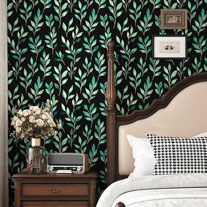 Fvlow Green Floral Wallpaper Peel and Stick Black Leaf Contact Paper 17.4" x 118" Vintage Leaf Wallpaper Waterproof Self-Adhesive Wall Covering for Bedroom Countertop Desk Cabinets Decor