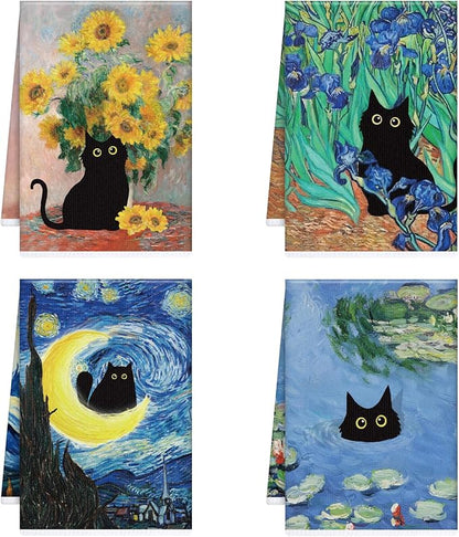 Black Cat Kitchen Towels, 4PCS Oil Painting Dish Towels for Cooking Cleaning, Absorbent Aesthetic Decorative Tea Towel with Hanging Loop for Home Kitchen(16 X 24 Inches)