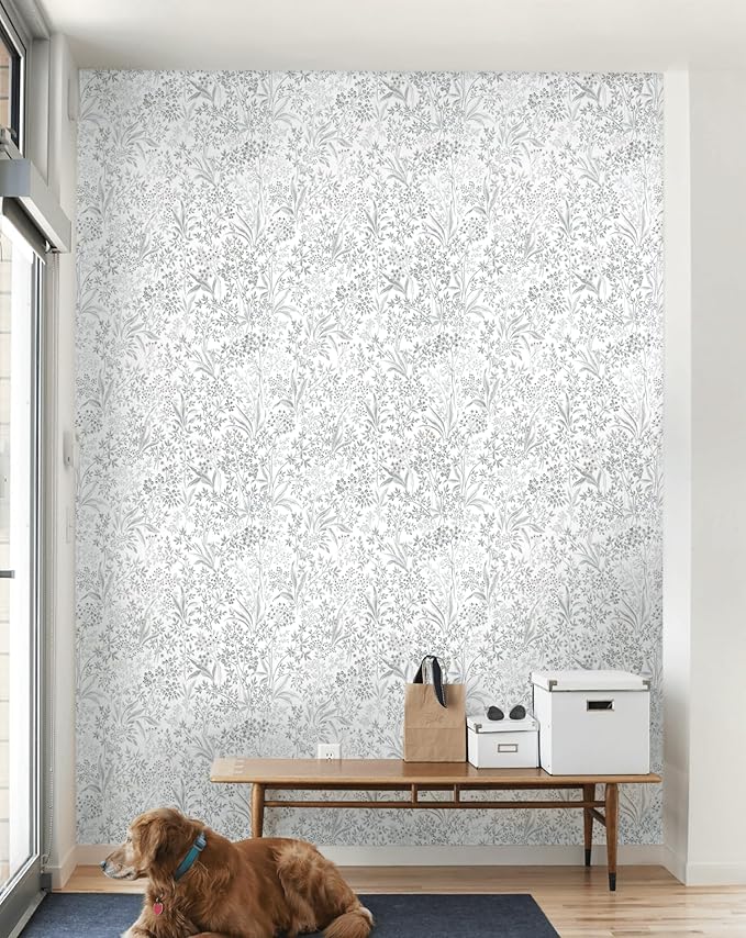 Heroad Boho Peel and Stick Wallpaper Floral Contact Paper for Cabinets Drawers Grey Wall Paper Waterproof Self Adhesive Leaf Wallpaper for Bedroom Bathroom Removable Decor Vinyl Roll 15.5''x78.7''