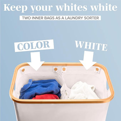 LONBET Laundry Basket with Lid, Made from Breathable Fabric | Aesthetic Clothes Hampers for Laundry with Side Handles & Sturdy Bamboo Frame (40 Gallons - Double, Beige)