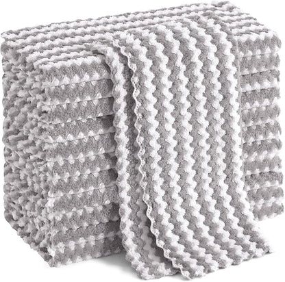 Homaxy 12 Pack Kitchen Dish Cloths, Ultra Soft and Absorbent Dish Towels, Reusable Fast Drying Microfiber Cleaning Cloth, Coral Velvet Wave Design No-lint, 10 x 10 inches, Grey