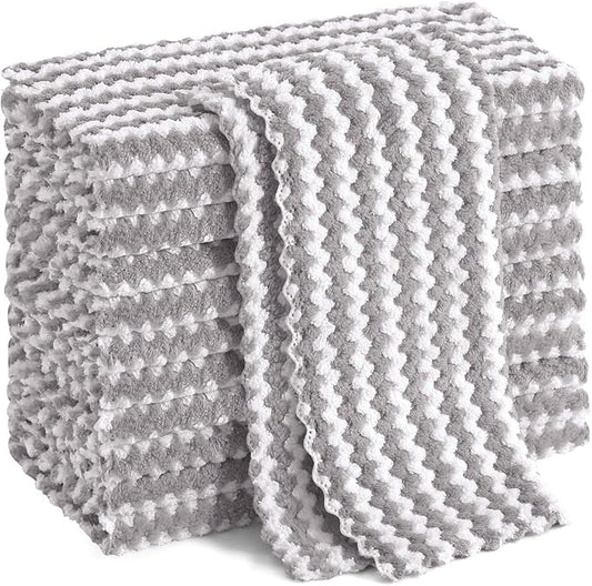 Homaxy 12 Pack Kitchen Dish Cloths, Ultra Soft and Absorbent Dish Towels, Reusable Fast Drying Microfiber Cleaning Cloth, Coral Velvet Wave Design No-lint, 10 x 10 inches, Grey