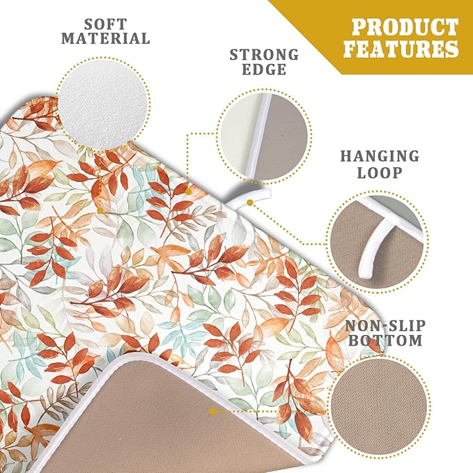 Fall Dish Drying Mat for Kitchen Counter 16x18 Burnt Orange Leaves Autumn Harvest Theme Thanksgiving Absorbent Reversible Microfiber Drying Mats Kitchen Countertop Protector Dishes Drainer Pad
